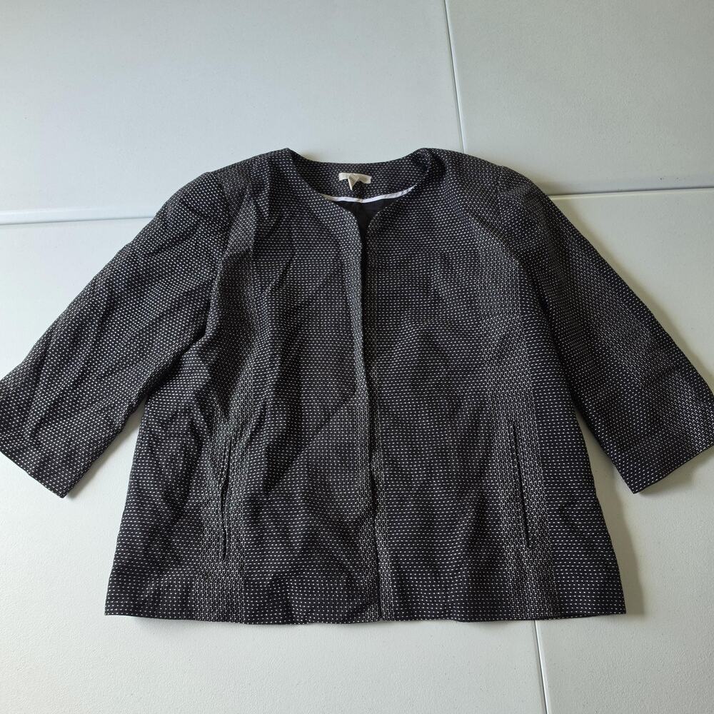 Eileen Fisher Jacket Medium Black Organic Cotton Tweed Open Front 3/4 Sleeve